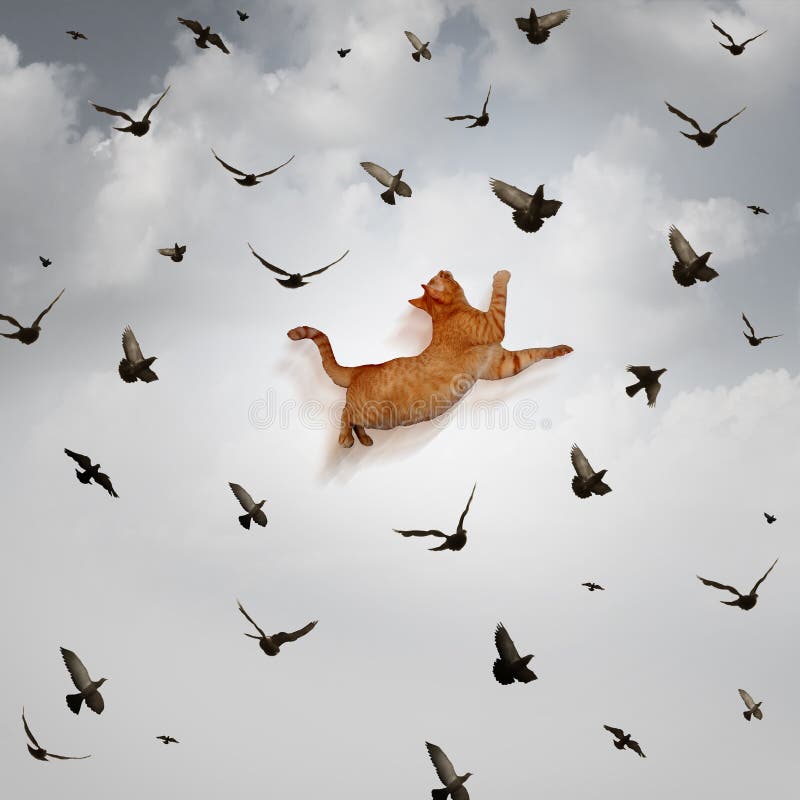 Seize the opportunity concept as a leaping cat jumping high up in the sky to catch flying birds as a business skill metaphor for being prepared for taking advantage of favorable market conditions. Seize the opportunity concept as a leaping cat jumping high up in the sky to catch flying birds as a business skill metaphor for being prepared for taking advantage of favorable market conditions.