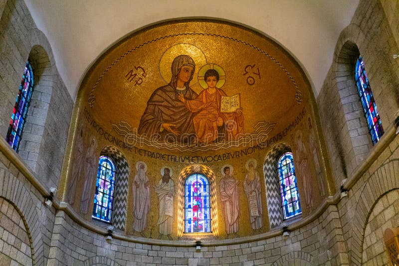 Apse and main nave mosaic of Benedictine Dormition Abbey on Mount Zion, outside walls of Jerusalem Old City in Israel