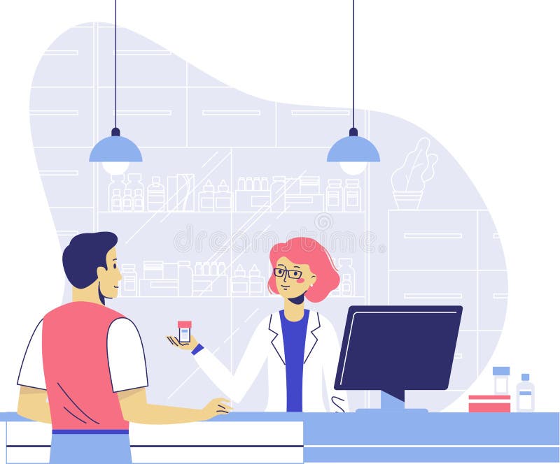 Apteki pojęcie z farmaceutą i pacjentem ilustracji Apteki pojęcie z farmaceutą i pacjentem ilustracji