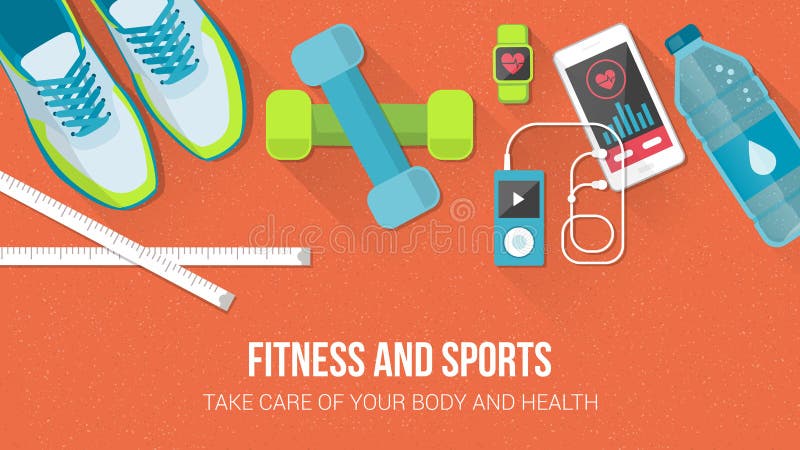 Fitness, sport, diet and healthy lifestyle banner with copy space and training equipment. Fitness, sport, diet and healthy lifestyle banner with copy space and training equipment
