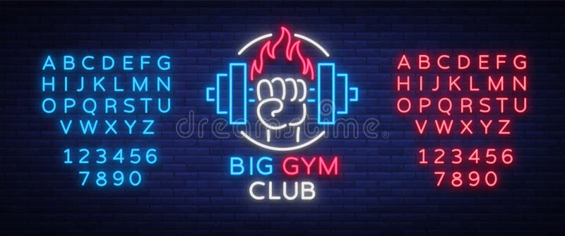 A aptidão, logotipo do gym assina dentro o estilo de néon isolado, ilustração do vetor Uma bandeira de incandescência, um sinal d ilustração stock A aptidão, logotipo do gym assina dentro o estilo de néon isolado, ilustração do vetor Uma bandeira de incandescência, um sinal d ilustração stock