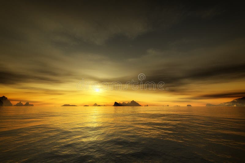 Apus auriu deasupra oceanului vector illustration