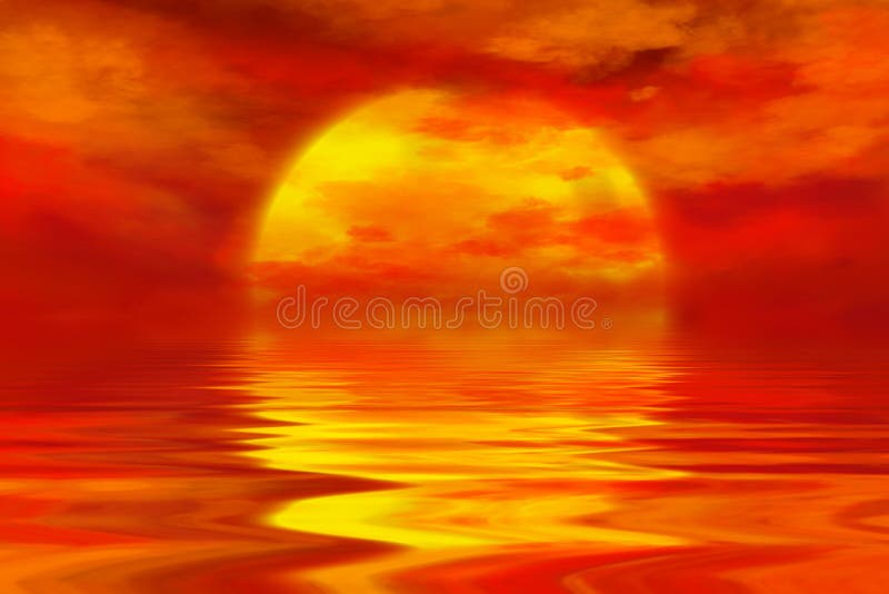 Apus de vară deasupra oceanului cu nori calzi și soare auriu vector illustration