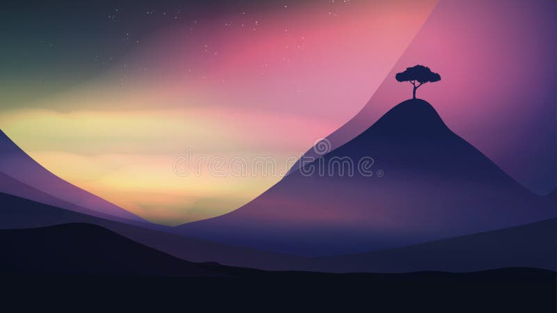 Apus în munți cu o ilustrație vectorială unică pentru arbori royalty free illustration