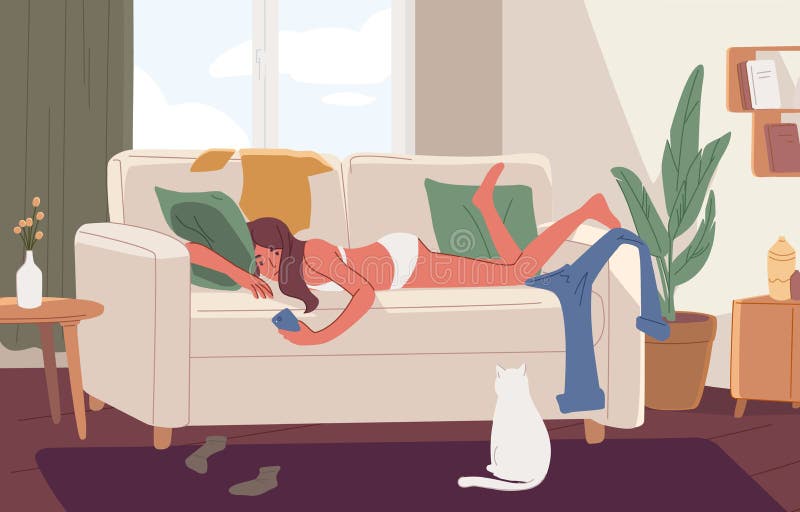 Apática joven tendida en un sofá en una habitación o apartamento desordenado y navegando por Internet en un smartphone. Niña p ilustración del vector