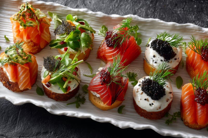 Apéritifs au saumon avec fromage à la crème et garniture fraîche à l'aneth. Canapés gourmands assortis de saumons fumés, d'herbes et d'épices sur une assiette blanche