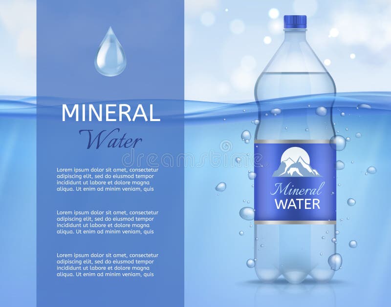 Apă minerală. flacon din plastic cu bule lichide curate și spumante și siglă pentru afișarea banderului indicator al banderului pe stock illustration