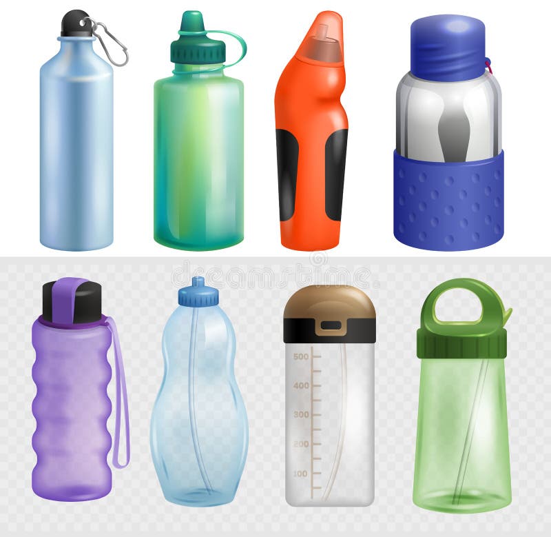 Apă transportată în recipiente sportive și apă îmbuteliată cu termometru și băutură din plastic de calitate, cu ilustrarea paielor stock illustration