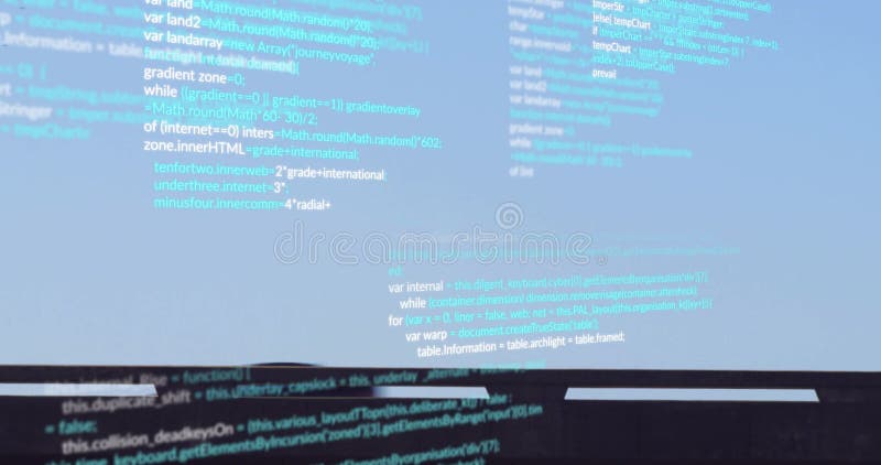 Aqua code lines emerging, scrolling upward while bus silhouette passing bar illustrating data flow stock footage