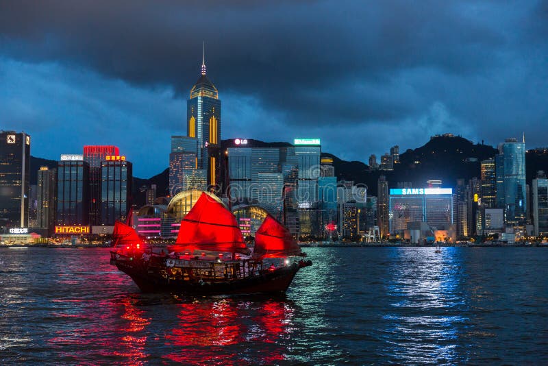 The Aqua Luna sail ship in Hong Kong by night.