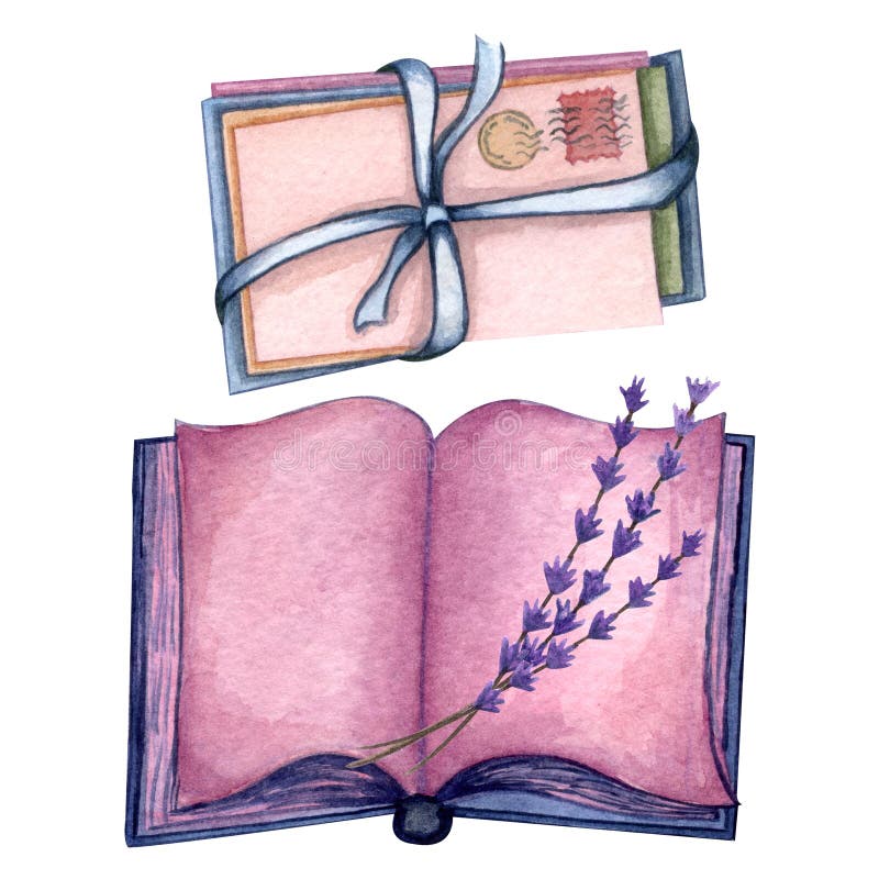 Aquarela ajustada com livros velhos, envelope e as folhas de papel Pilha de envelopes velhos com curva da fita ilustração royalty free Aquarela ajustada com livros velhos, envelope e as folhas de papel Pilha de envelopes velhos com curva da fita ilustração royalty free