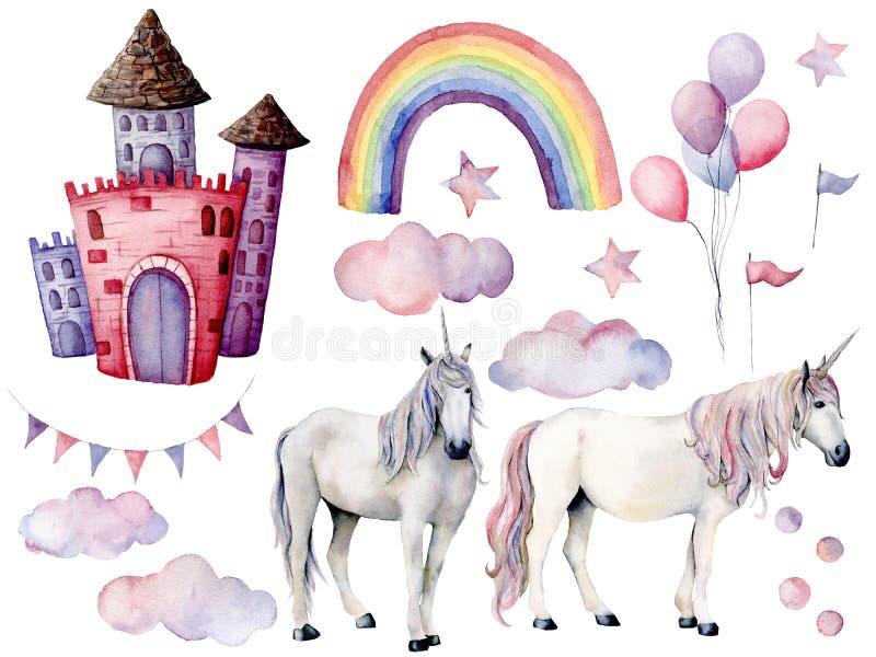 Aquarela ajustada com unicórnios e decoração do conto de fadas Cavalos mágicos pintados à mão, castelo, arco-íris, nuvens, estrel ilustração stock Aquarela ajustada com unicórnios e decoração do conto de fadas Cavalos mágicos pintados à mão, castelo, arco-íris, nuvens, estrel ilustração stock