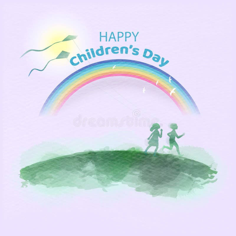 Aquarela das crian?as felizes que correm junto Dia feliz do ` s das crian?as ilustração royalty free Aquarela das crian?as felizes que correm junto Dia feliz do ` s das crian?as ilustração royalty free