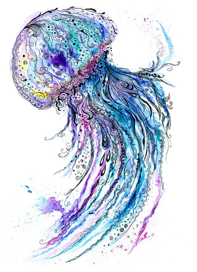 Aquarela das medusas e pintura da tinta ilustração stock Aquarela das medusas e pintura da tinta ilustração stock