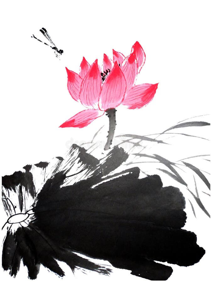 Watercolor of lotus flower with dragonfly, traditional chinese ink and wash painting. Stock illustration isolated on white background for your design. Watercolor of lotus flower with dragonfly, traditional chinese ink and wash painting. Stock illustration isolated on white background for your design.