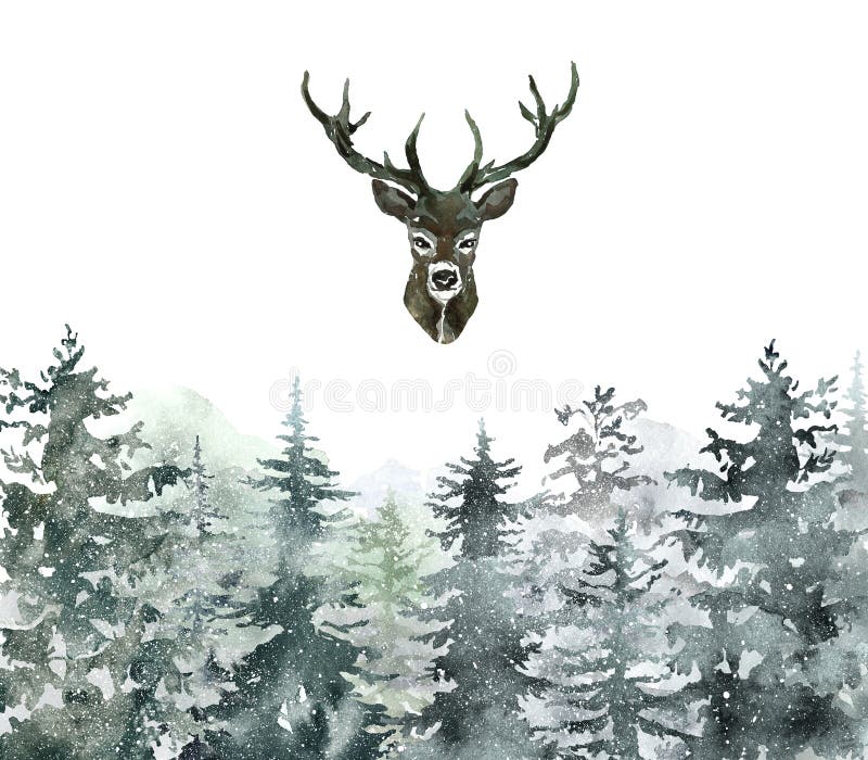 Aquarela neve, paisagem de primavera e veados vermelhos isolados em fundo branco Ilustração de Natal ilustração do vetor Aquarela neve, paisagem de primavera e veados vermelhos isolados em fundo branco Ilustração de Natal ilustração do vetor