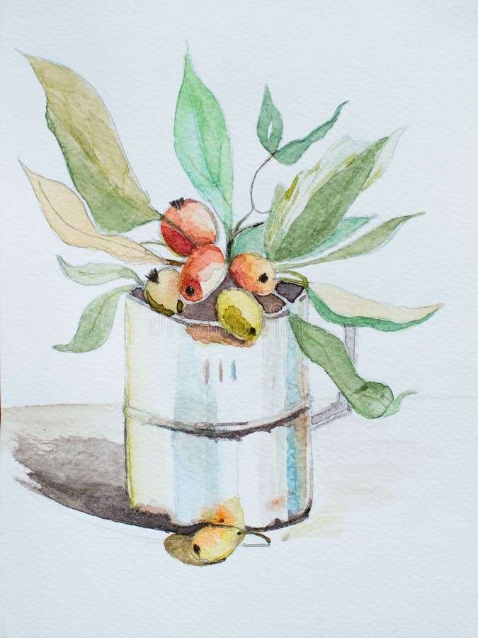 Aquarell. Delikate Abbildung eines Metalltopfes mit Zitronen stock abbildung