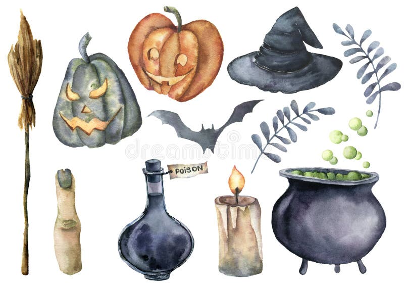 Aquarell helloween Magiesatz Handgemalte Flasche Gift, großer Kessel mit Trank, Besen, Kerze, Finger, Hexenhut lizenzfreie abbildung Aquarell helloween Magiesatz Handgemalte Flasche Gift, großer Kessel mit Trank, Besen, Kerze, Finger, Hexenhut lizenzfreie abbildung