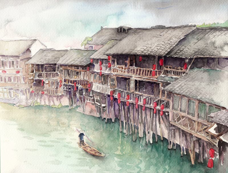 Aquarell-hochauflösende Illustration: Chinesische Wasser-Stadt Stelzen-Dachboden chongqing