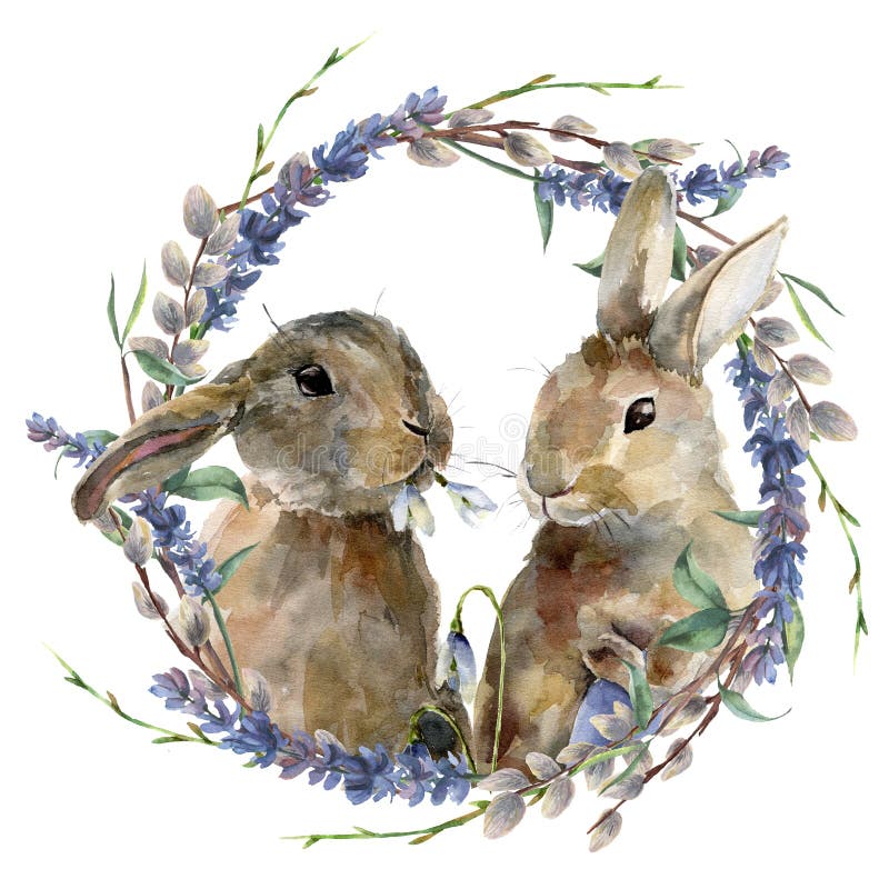 Aquarell-Osterhase mit Blumenkranz Handgemaltes Kaninchen mit dem Lavendel, Weide und Baumast lokalisiert auf Weiß