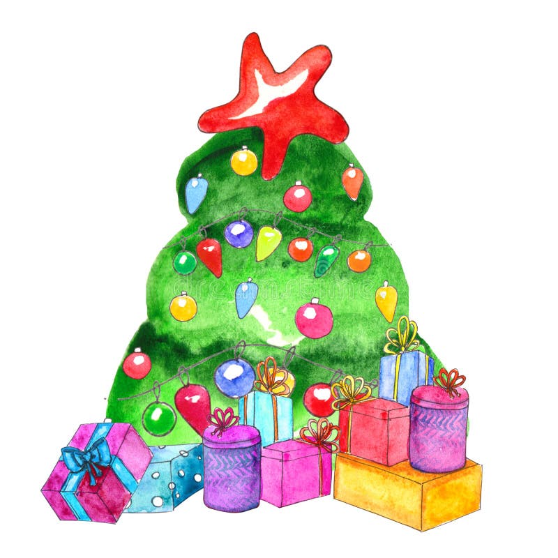 aquarell verzierter weihnachtsbaum mit geschenken stock