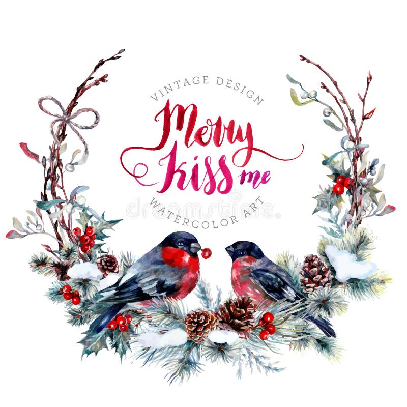 Aquarell-Weihnachtskranz mit Dompfaffen vektor abbildung Aquarell-Weihnachtskranz mit Dompfaffen vektor abbildung