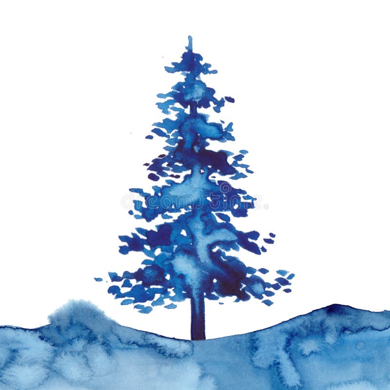 Watercolor style XMAS pine tree and snow isolated illustration of Christmas New Year. Blue color. Brush painting Christmas fir illustration on paper. Drawing spruce. Winter decoration symbol. Watercolor style XMAS pine tree and snow isolated illustration of Christmas New Year. Blue color. Brush painting Christmas fir illustration on paper. Drawing spruce. Winter decoration symbol