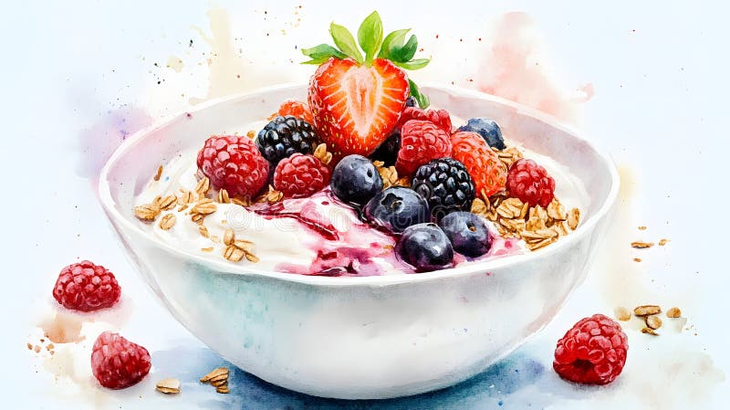 Aquarellbild einer Schüssel Jogurt mit Beeren und Granola lizenzfreie abbildung