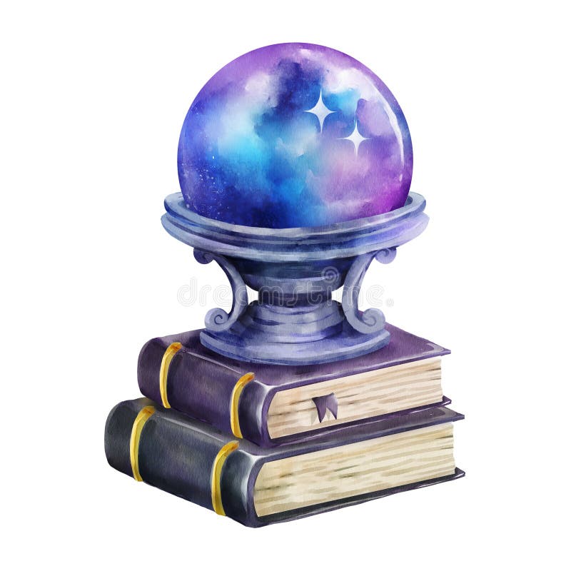 Aquarellbild einer strahlenden violetten und blauen Kristallkugel auf einem Vintage-Podest, das auf zwei gestapelten Zauberbüchern stock abbildung