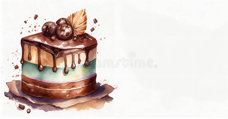 Aquarellbild eines dreilagigen Schokoladenkuchens, fein dekoriert und mit Pralinen und Schokoladenblättern garniert. Kopie lizenzfreie abbildung