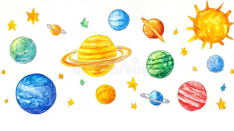 Aquarellbild eines knetischen Sonnensystems mit verschiedenen bunten Planeten stock abbildung