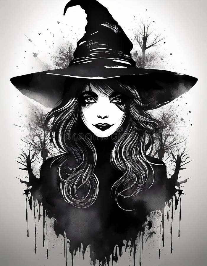 Aquarellbild Schwarz-Weiß-Portrait von Hexe mit spitzen Hut. sprichwörtliche Tracht vektor abbildung