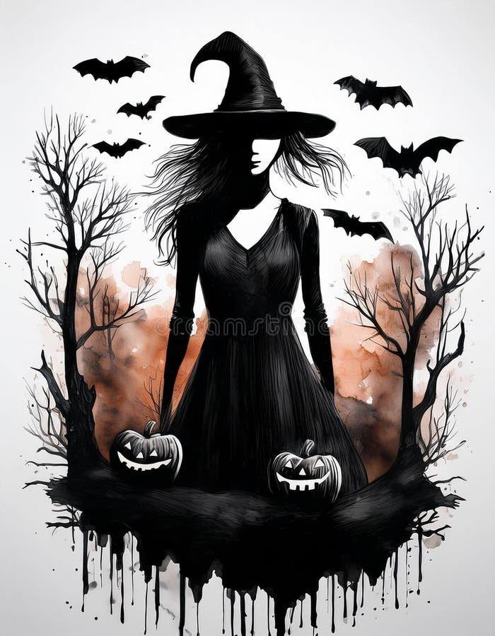 Aquarellbild Schwarz-Weiß-Portrait von Hexe mit spitzen Hut. sprichwörtliche Tracht stock abbildung