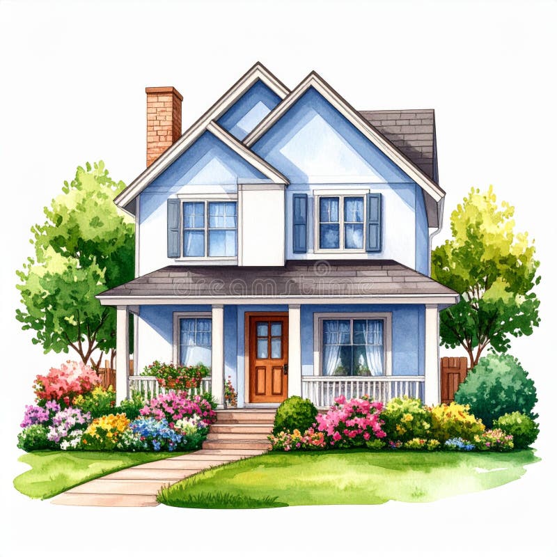 Aquarellbilder eines hellblauen zweistöckigen Hauses vektor abbildung