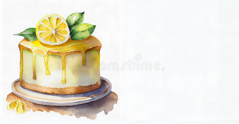 Aquarellbilder für einen Zitronenkuchen, fein dekoriert und mit Zitronen und grünen Blättern garniert. Copy-Leerzeichen auf vektor abbildung