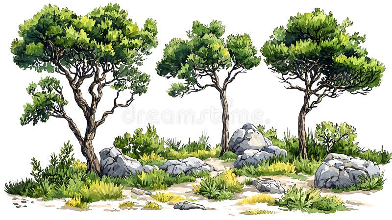 Aquarellbilder mediterrane Landschaft mit Bäumen und Felsen vektor abbildung