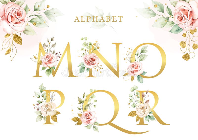 Aquarellblumenalphabetsatz von M N O p q R mit goldenen Blades vektor abbildung