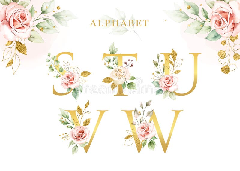 Aquarellblumenalphabetsatz von s t Du V w mit goldenen Blades. lizenzfreie abbildung