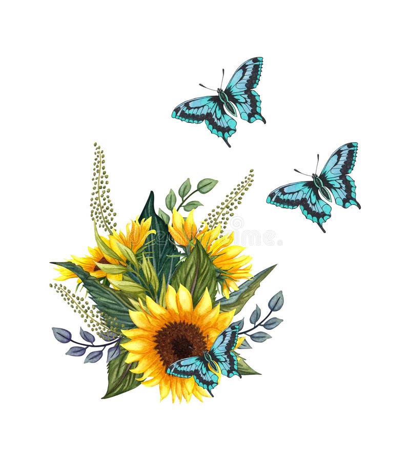 Aquarellblumenkranz mit Sonnenblumen anf Schmetterlingen, Blättern, Laub, Niederlassungen, Farnblättern und Platz für Ihren Text