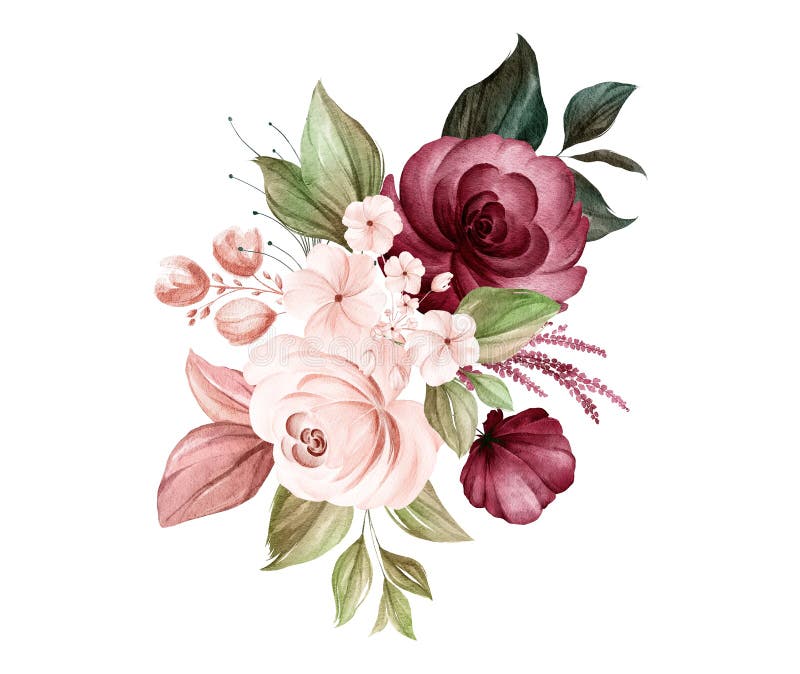 Aquarellblumenstrauß des Soft Brauns und Burgunder-Rosen und -blätter. botanische Dekorationsillustration für Hochzeitskartengeweb