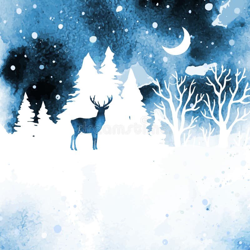 Aquarelle hiver paysage vectoriel brumeux avec cerf. animal de neige de forêt et lieu du texte. conception de la bannière de carte illustration libre de droits