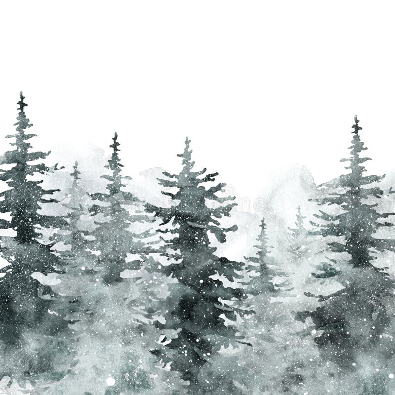 Aquarelle neige paysage forestier d'hiver arrière-plan avec espace de texte Pinède neigeux et épinettes sur fond blanc