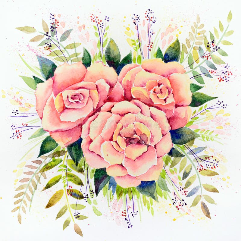Aquarelle originale - trois roses roses avec des feuilles sur un fond blanc illustration stock Aquarelle originale - trois roses roses avec des feuilles sur un fond blanc illustration stock