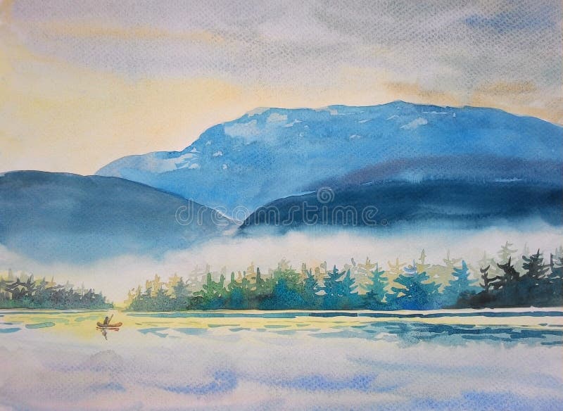Aquarelle peignant le paysage original coloré du matin de canotage