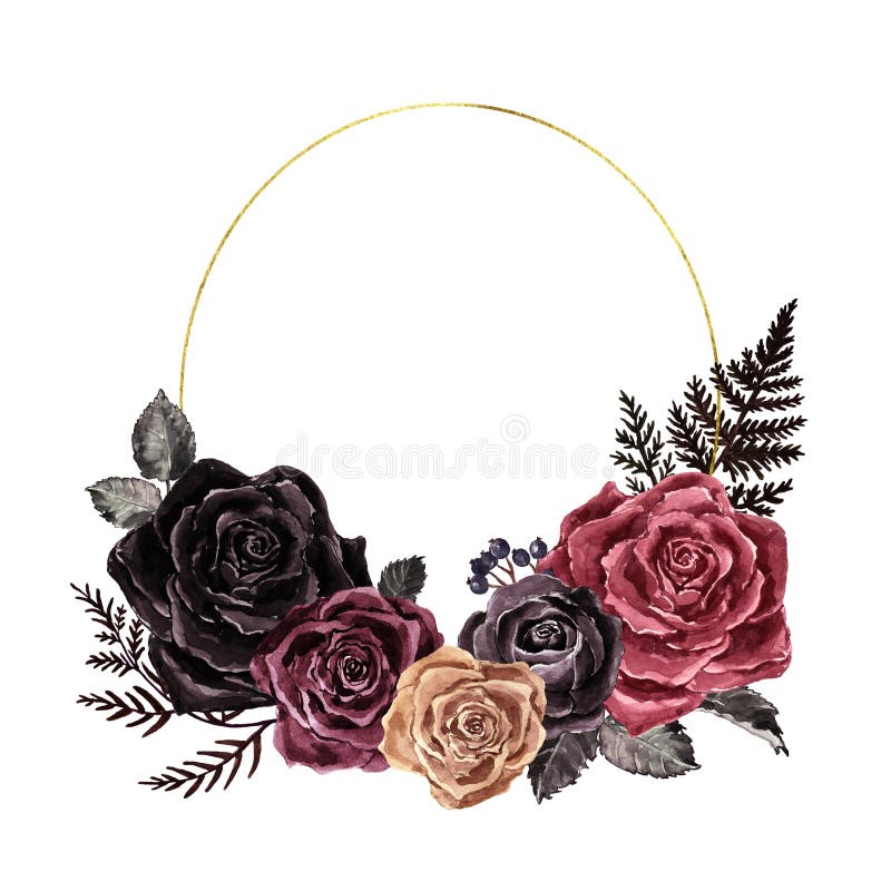Aquarelle roses foncées frise florale vintage victorien style gothique. marron rouge bordeaux et couronne de rose noire avec or