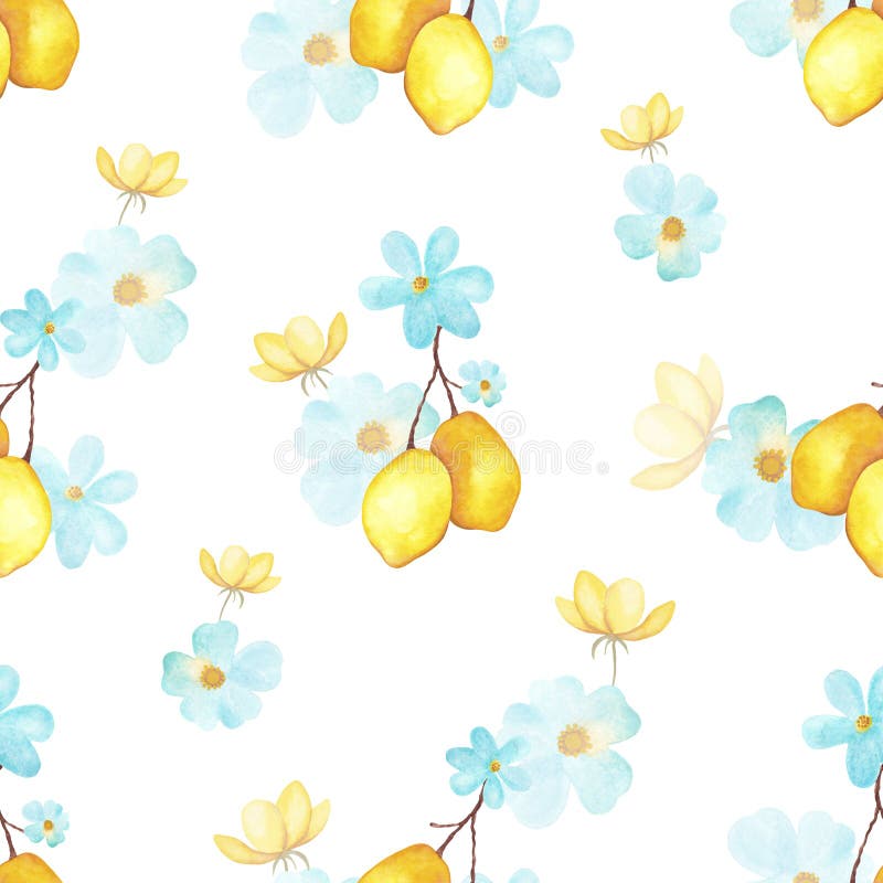 Aquarellfarben nahtlos zartes Muster mit Zitronenzweig und blauen und gelben Blumen vektor abbildung