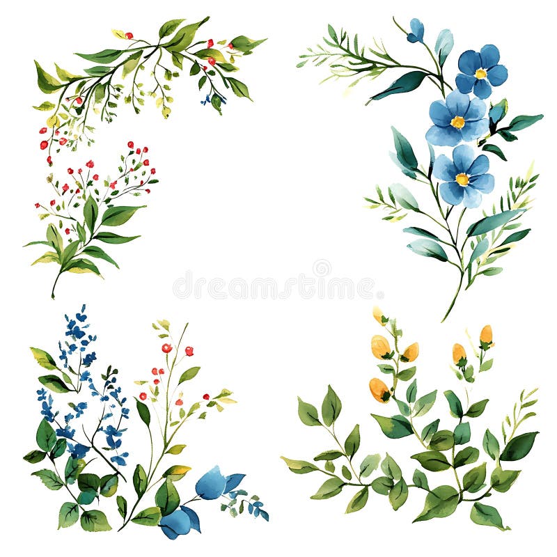 Aquarellfarbenes Blumendesign mit dynamischen botanischen Elementen, die das Bild umrahmen. Top stock abbildung