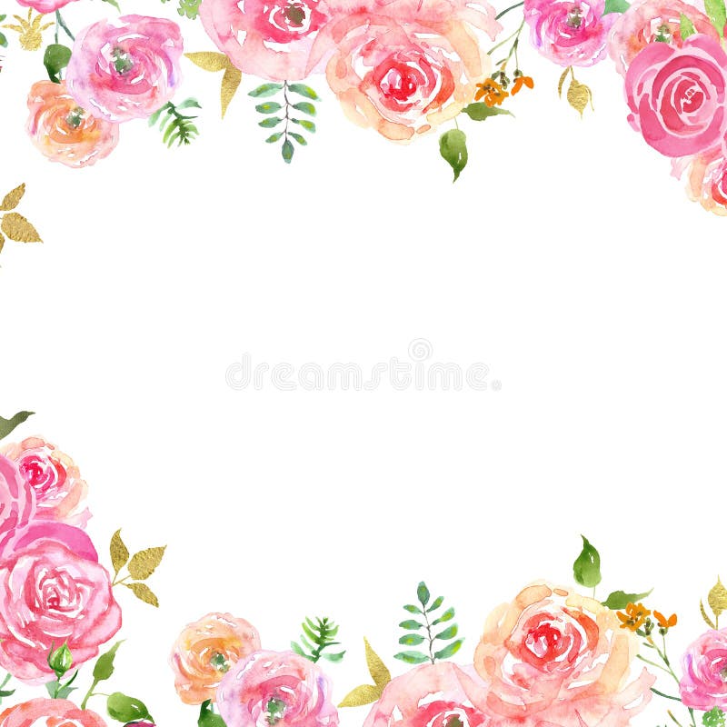 Aquarellfrühlings-Blumenrahmen mit erröten rosa Blumenblätter und Goldblätter Handgemalte empfindliche Grenze mit Rosen Aquarellfrühlings-Blumenrahmen mit erröten rosa Blumenblätter und Goldblätter Handgemalte empfindliche Grenze mit Rosen
