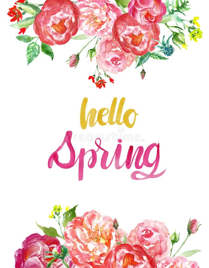 Aquarellfrühlings-saison-Blumenhintergrund mit bunten roten und rosa Blumen und hallo Frühlingsbürsten-Beschriftungszitat lizenzfreies stockfoto Aquarellfrühlings-saison-Blumenhintergrund mit bunten roten und rosa Blumen und hallo Frühlingsbürsten-Beschriftungszitat lizenzfreies stockfoto