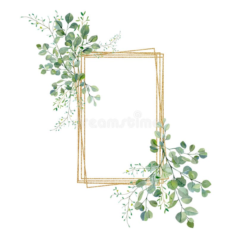 Aquarellgrün-Blumenrahmen mit Eukalyptusblättern und -niederlassungen auf goldenem Rahmen. Brautduschkartenbaby-Kindertagesstätten Aquarellgrün-Blumenrahmen mit Eukalyptusblättern und -niederlassungen auf goldenem Rahmen. Brautduschkartenbaby-Kindertagesstätten